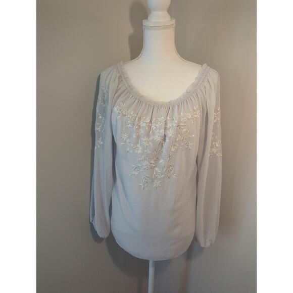 White House Black Market Tops - White House Black Market Camilla over the shoulder embroidered light gray blouse